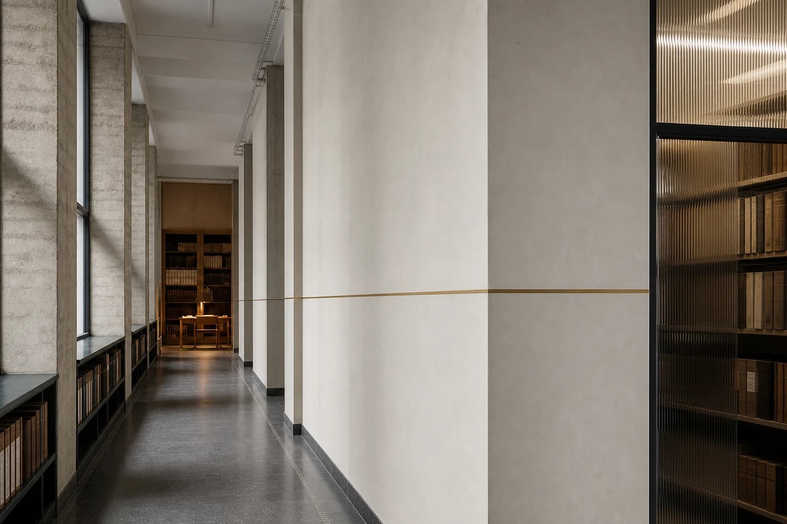 A pale archive corridor with a thin brass wayfinding line turning across the wall toward a reading room.