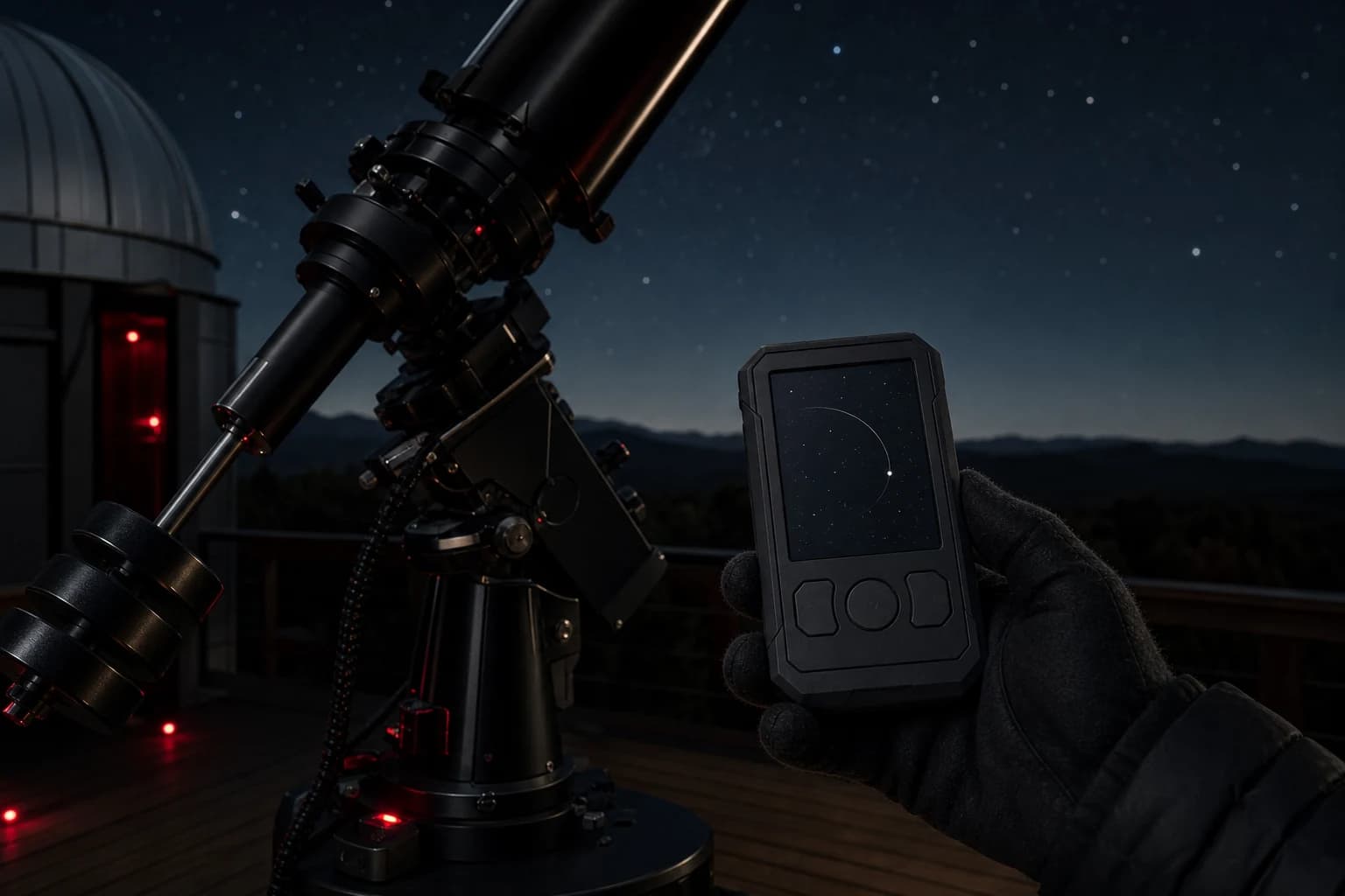 A gloved hand holding a rugged star-map controller beside an observatory telescope at night.