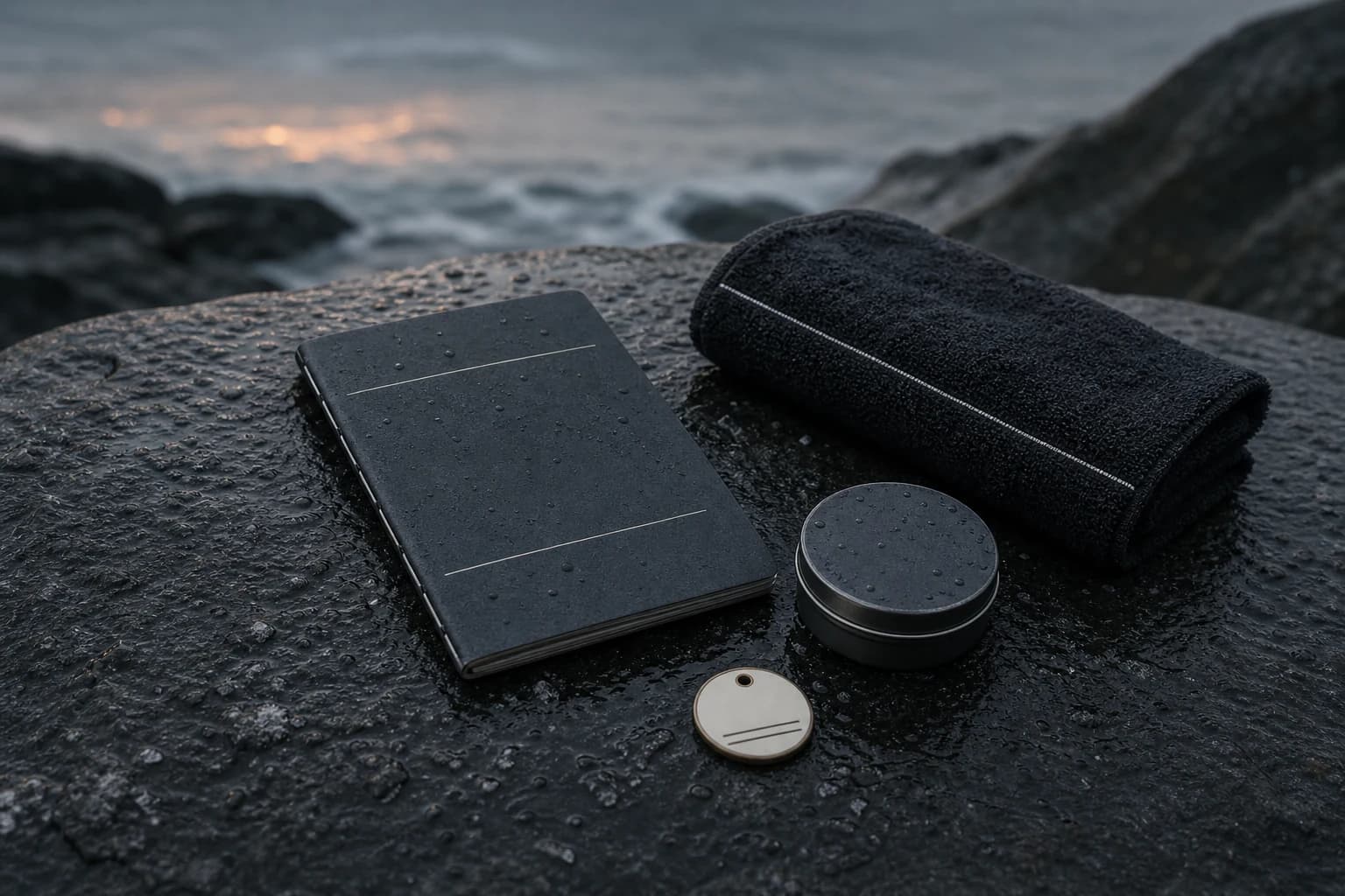 A dark membership booklet, sea-balm tin, towel, and enamel token arranged on rain-wet coastal stone.